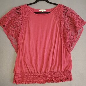 Energie Juniors Sz Large Pink Lace Flutter Sleeve Top Ruched Elastic Waistband